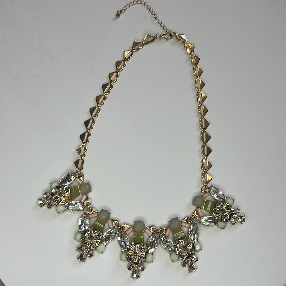 Gold Tone, Jeweled Stones and Beaded Statement Necklace